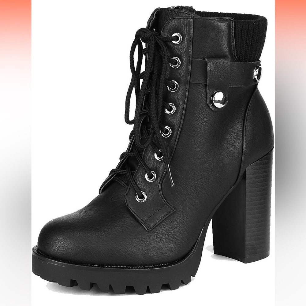Dream Pairs Black Lace-Up Chunky Heel Boots